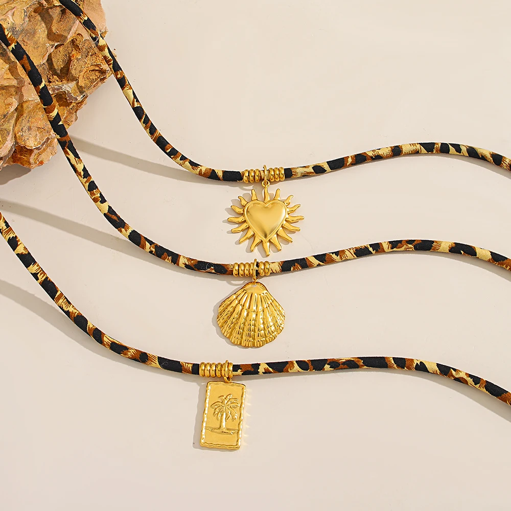 

New Stainless Steel Sun Scallop Heart Pendant Necklace for Women Retro Leopard Adjustable Rope Chain Y2K Choker Necklace Gift