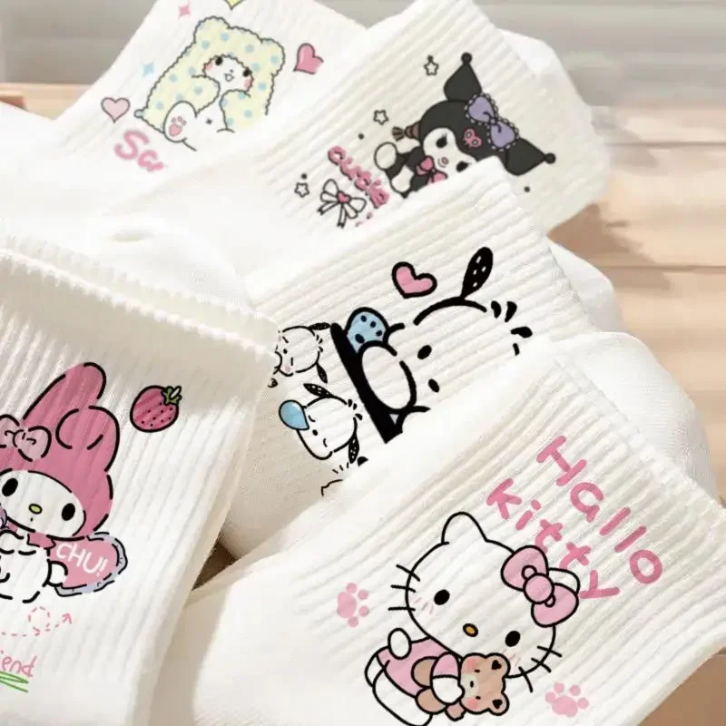 6 Stuks Hello Kitty Anime Kawaii Sanrio Zachte Ins Mode Sokken Vrouwelijke Schattige Cinnamoroll Kuromi Lange Zweet Kous Geschenken Voor Kinderen