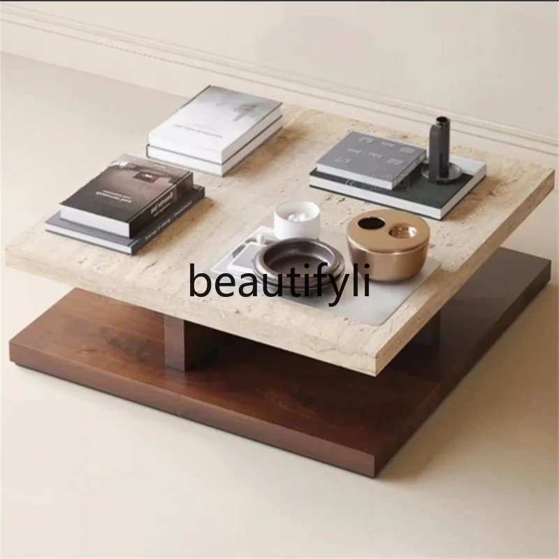 

Vintage Wabi-Sabi Style Natural Marble Travertine Coffee Table Italian Minimalist Living Room Square Coffee Table