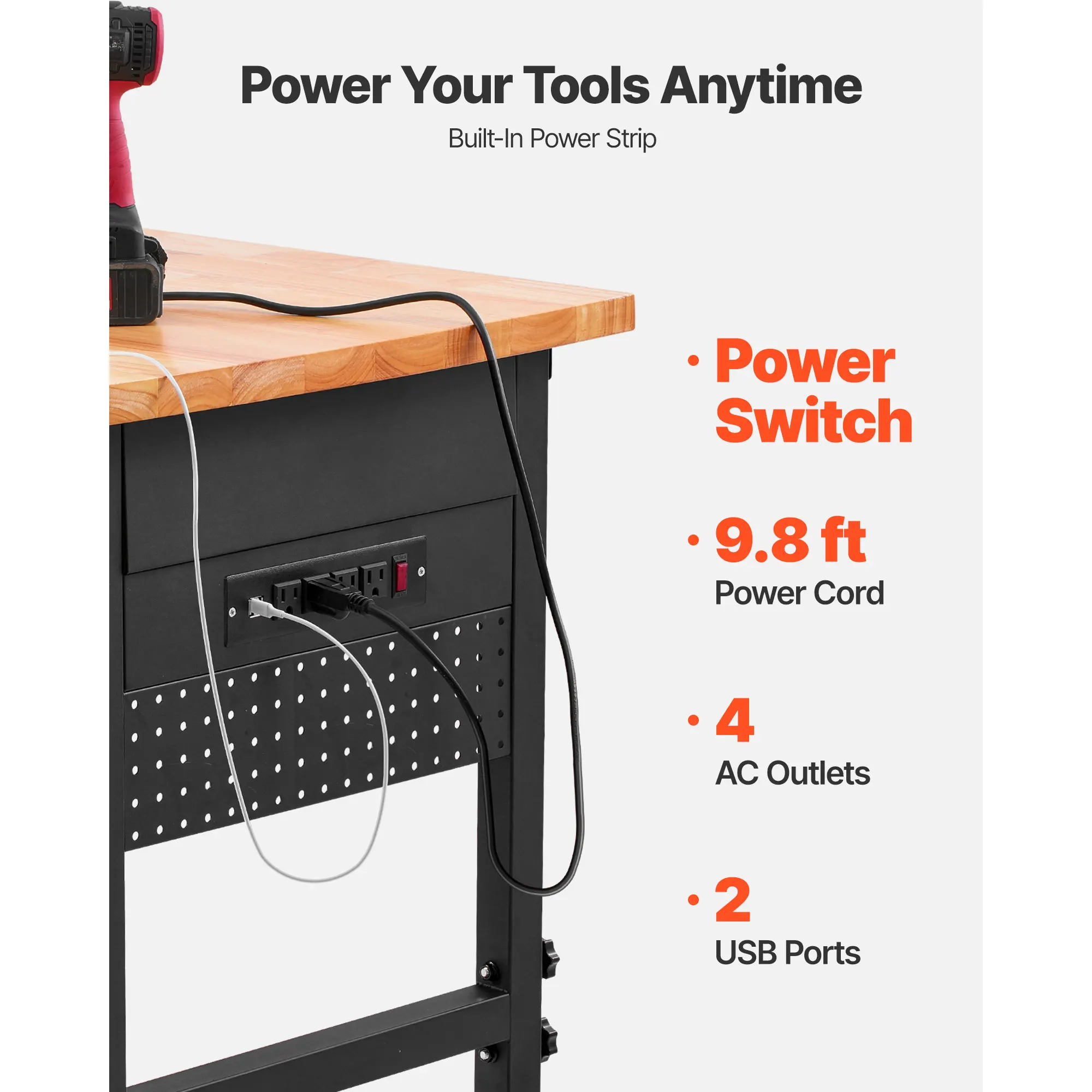 SucceBuy 1500 lbs Meja Kerja Garasi Dapat Disesuaikan dengan Laci & Papan Pasak Bangku Meja Kerja Atas Kayu Ek untuk Bengkel Kerja Kantor