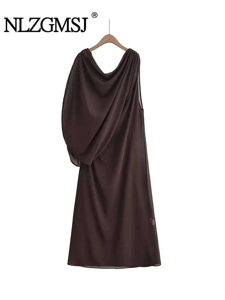 فستان سهرة للخريف من NLZGMJS بتصميم مطوي فساتين سادة للنساء بدون أكمام فستان طويل أنيق ميدي