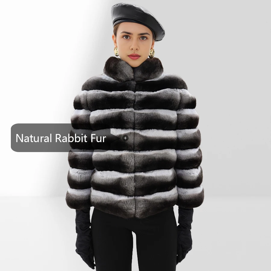 ショートチンチラファーコート 天然ラビットファー ハイカラー ふわふわジャケット 新スタイル 秋冬 レディース 本物の毛皮コート