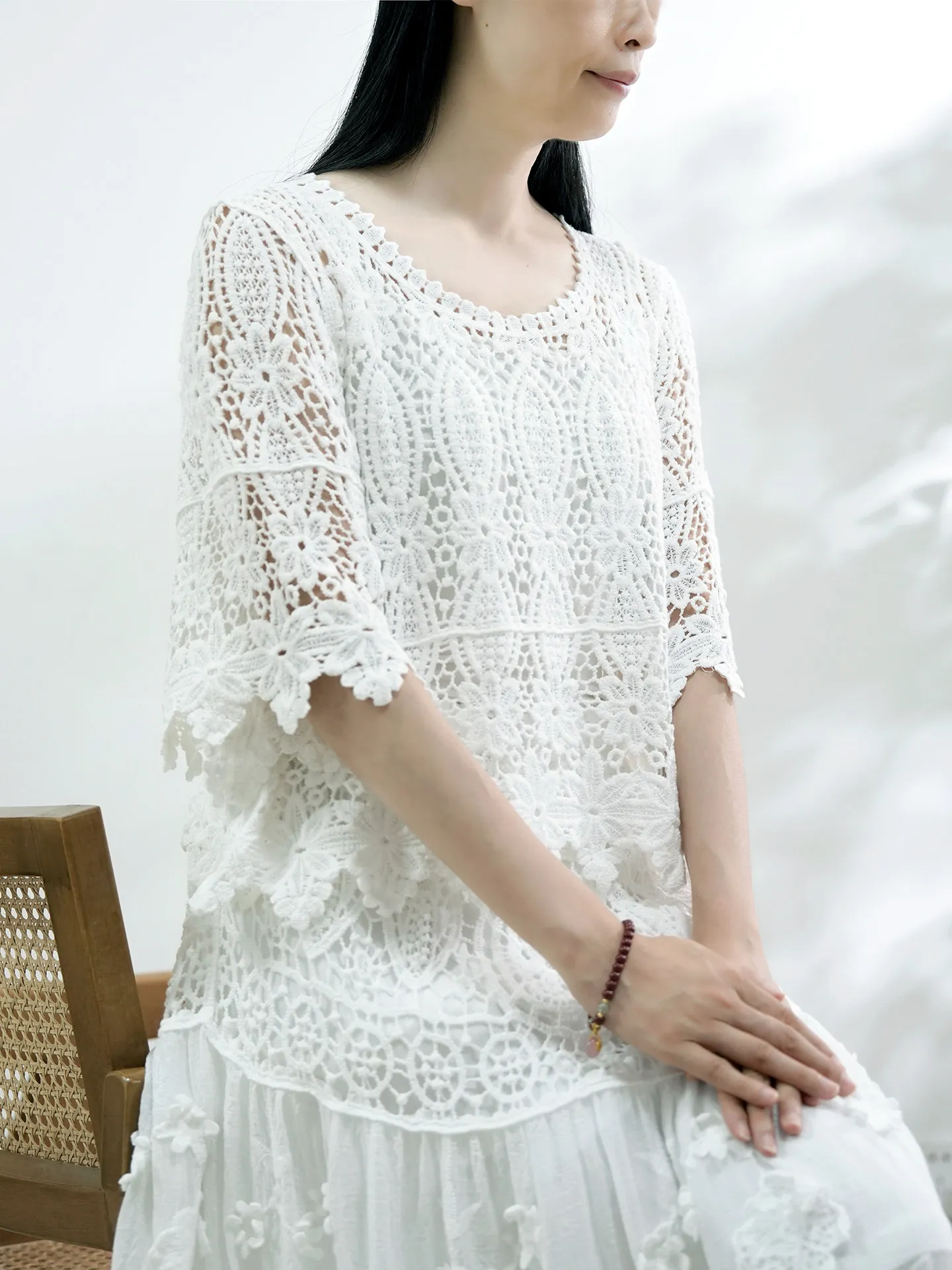 

TIYIHAILEY Shirts For Women Half Flare Sleeve Ladies Tops Spring Summer Knitting Blouse 2026 Hollow Out Beige White Short