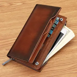 WILLIAMPOLO Business Wallet Men RFID Blocking Genuine Leather Men Wallet Driver's License Pocket Long Cardholder Purse Carteira