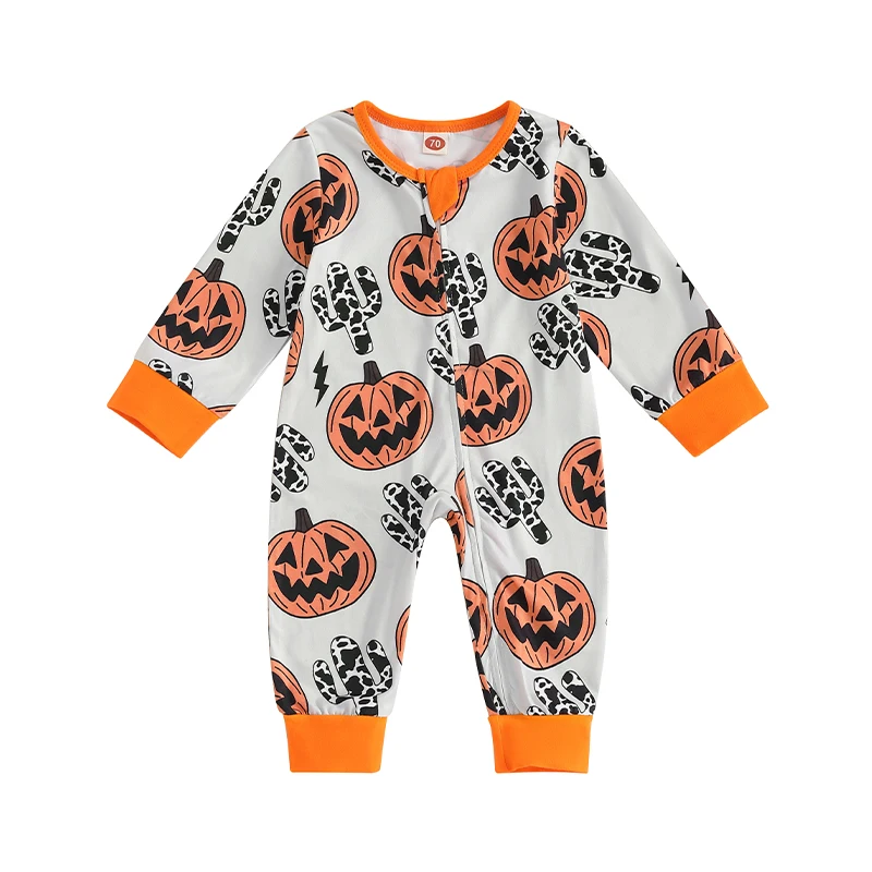 

Baby Boy Girl Halloween Outfit Long Sleeve Zipper Romper Ghost Pumpkin Jumpsuit Toddler Fall Winter Clothes 0-18M