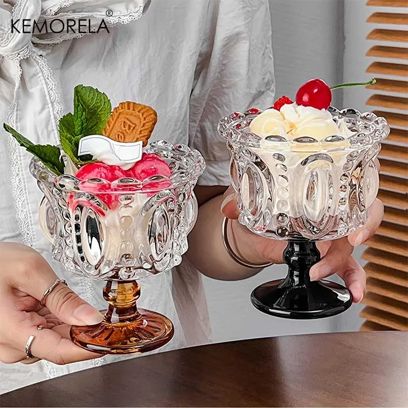KEMORELA 1/2PCS Retro Embossed Tall Glass Cup Whiskey Mugs Black Crystal Home Creative Coffee Ice Cream Yogurt Dessert Goblet