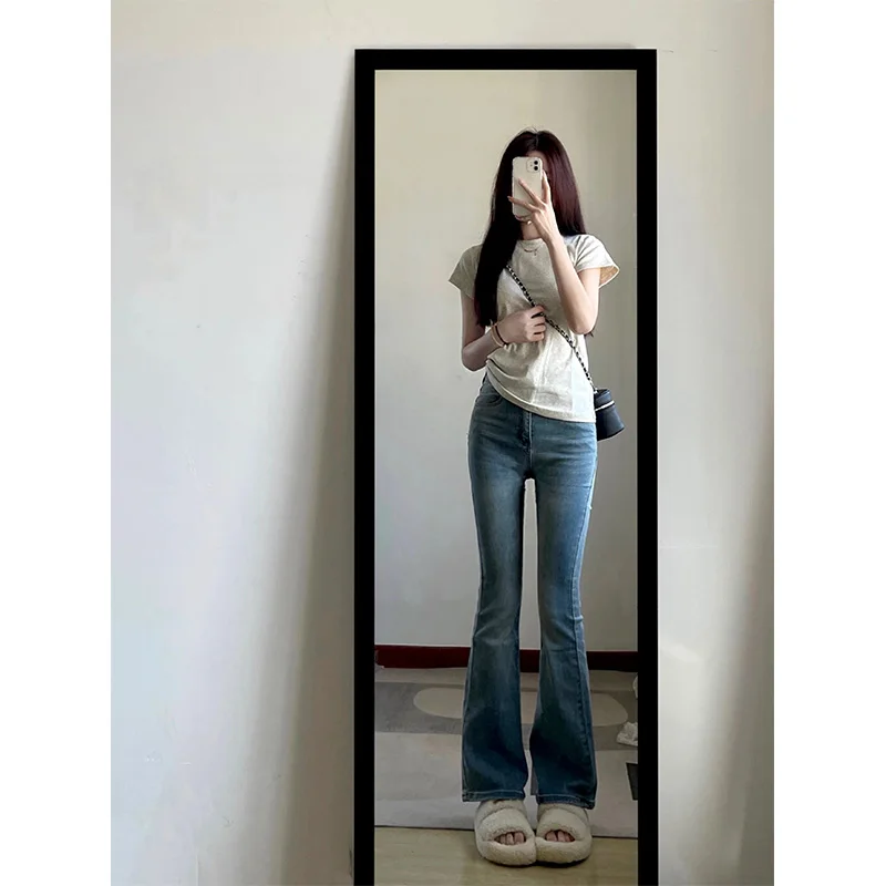 

Slimming High Waist Bell Bot Jeans Women's Summer Elastic Nine Point Straight Leg Pants Floor Length Trousers