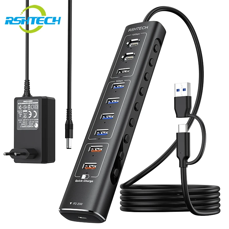 RSHTECH USB 3.2 10-портовый концентратор 10 Гбит/с Type-C PD USB C Мультиконцентратор 60 Вт USB-A 3.2 QC3.0 Порты зарядки Алюминиевый