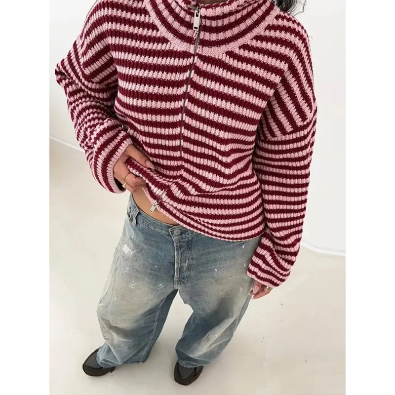 

Осенне-зимняя теплая модная кофта с контрастными полосками, универсальная, в стиле lazy style, свободного кроя, с молнией и круглым вырезом, для женщин.