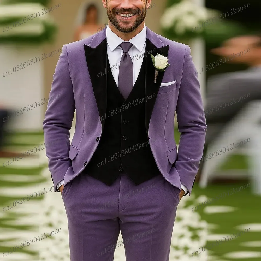 

New Velvet Purple Black Men Suit Formal Business Groom Groomsman Wedding Party Prom Male Tuxedos 3 Piece Set Blazer Vest Pants
