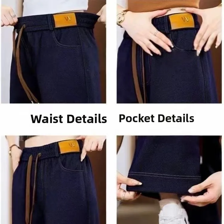 

High Waist Loose Fit Faionable Denim Jeans Women's Thiened Fce Lined Drapey Leather Tag Autumn Winter New Sle