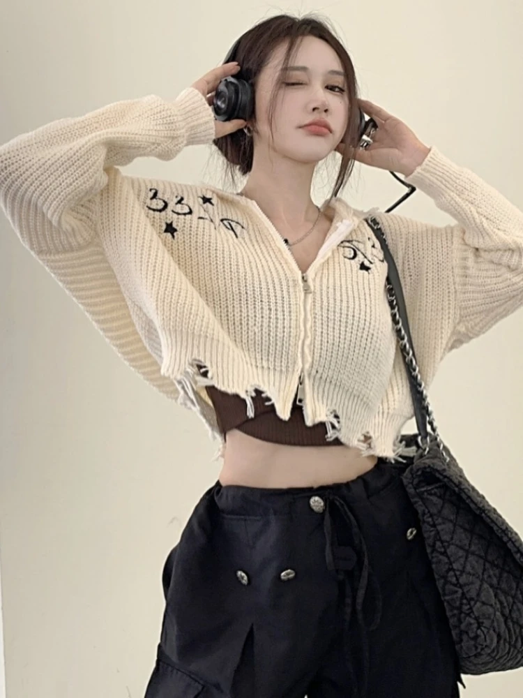 Deeptown Vintage Y2K Cropped Cardigan Women Harajuku Kpop Hollow Out Knitted Sweater Korean Fashion Zipper Knitwear Tops Grunge