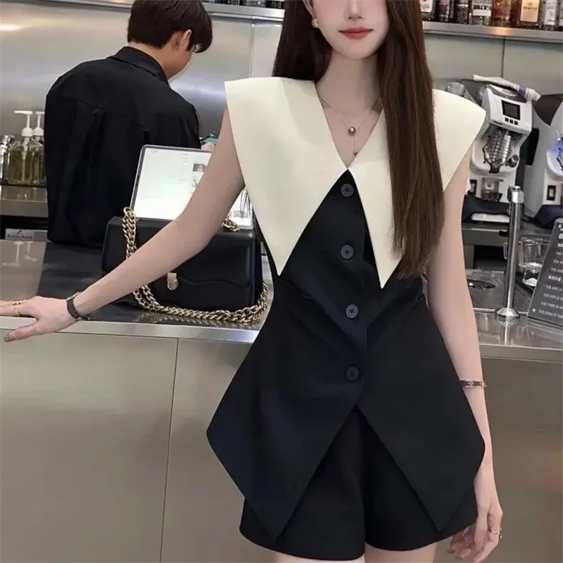 

French Pure Wind Royal Elder Sister Fashion Vest Set Women Summer Sleeveless Navy Collar Blouse and Shorts 2 Piece XQ179