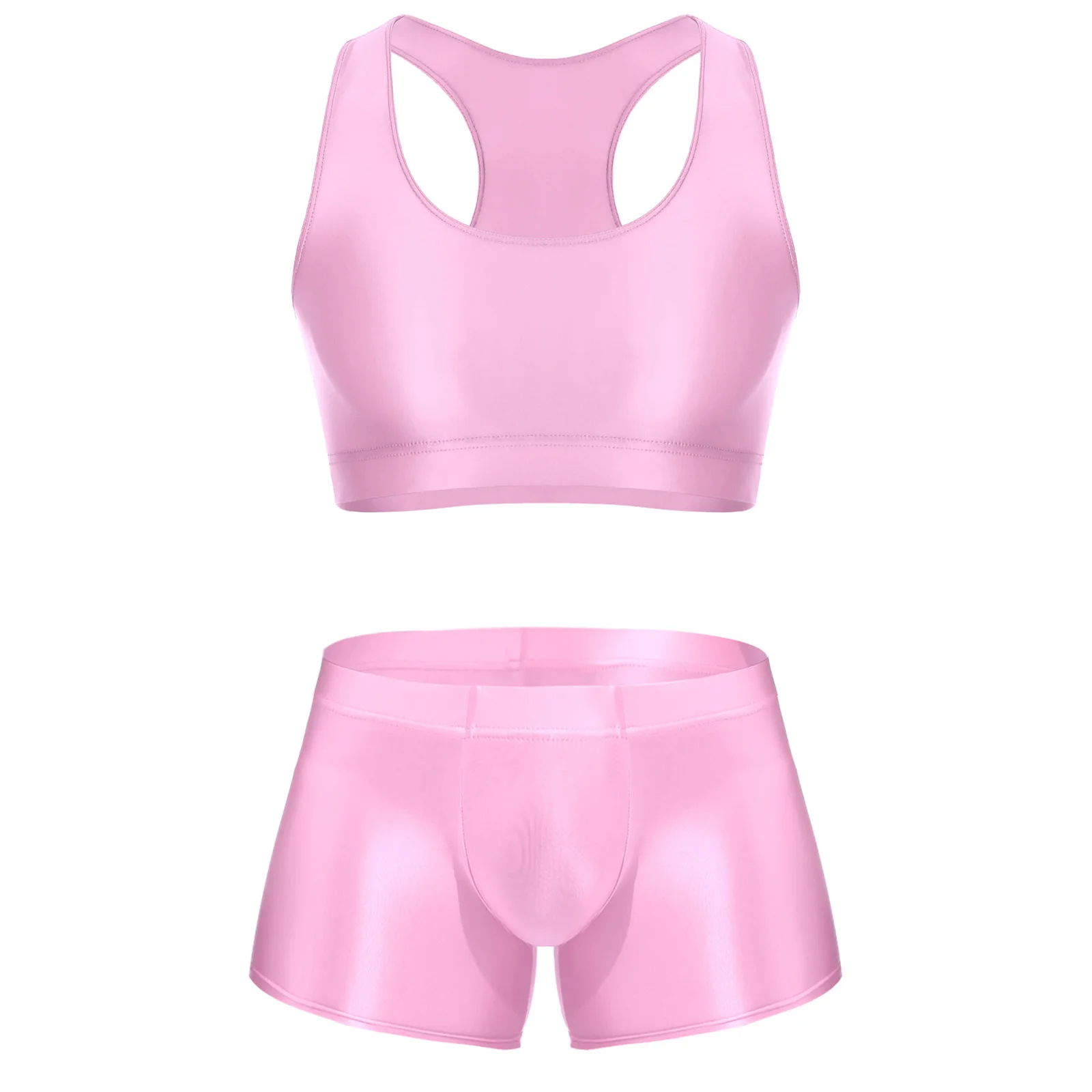 Men Glossy Stretchy Fitness Outfit U Sleeveless Crop Top Vest And Low Rise Boxer Nightwear Underwear Bathing Suit Workout Wear - view 4