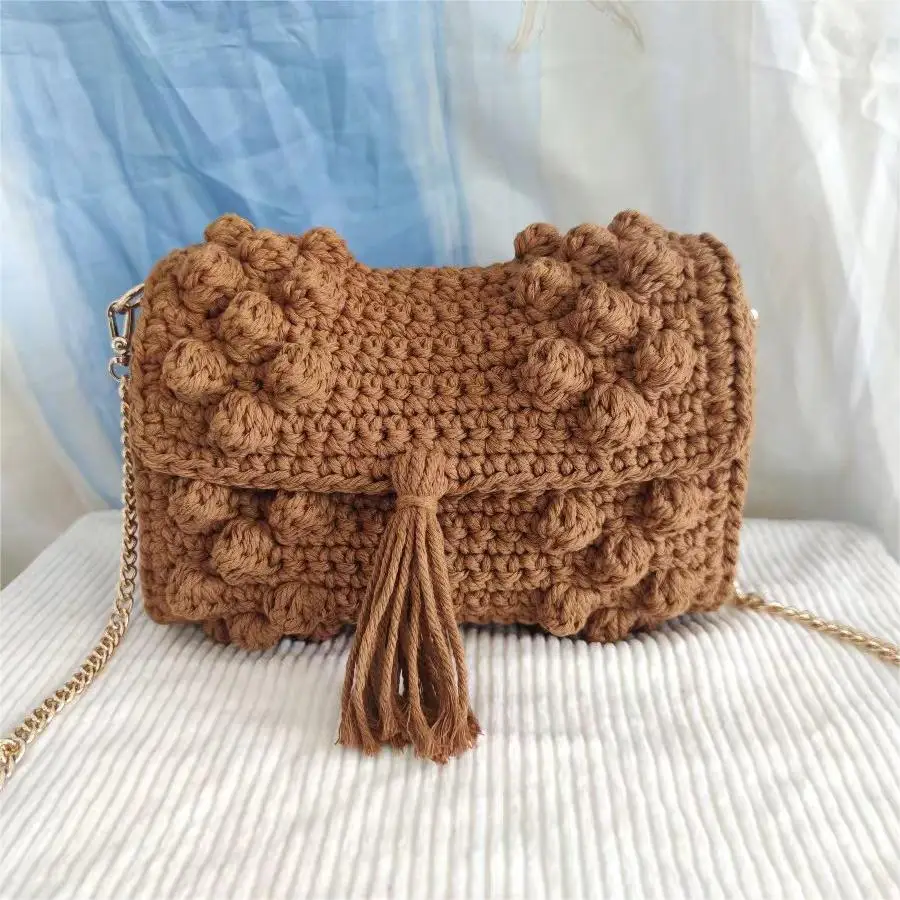 Women\'s one shoulder crossbody bag, hand woven bag, cotton hook woven bag, bean tassel bag