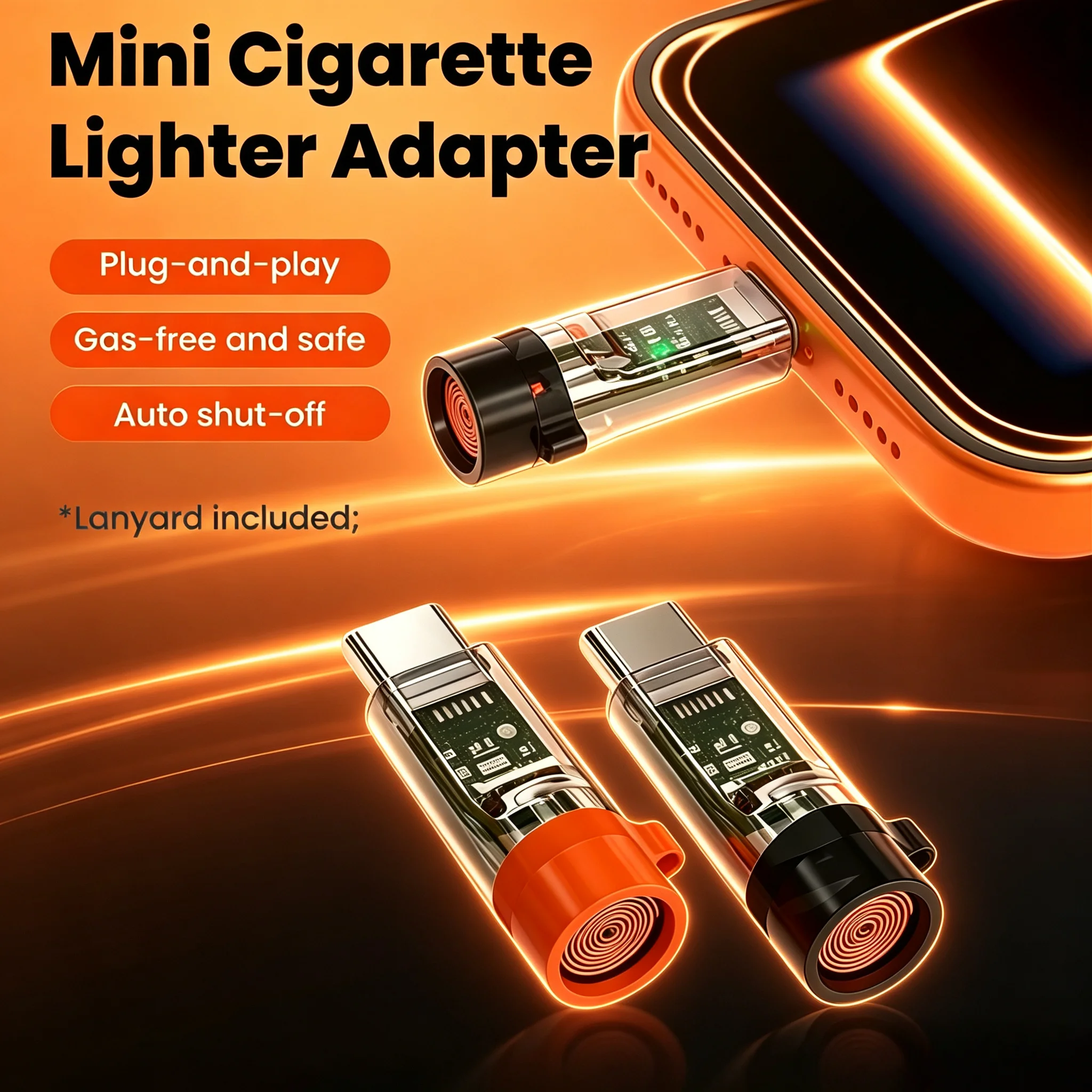 USB-C Phone Power Supply Lighter, Flameless Plug-and-Play Heating Lighter, 9-Second Auto Shut-Off Transparent mini Lighter