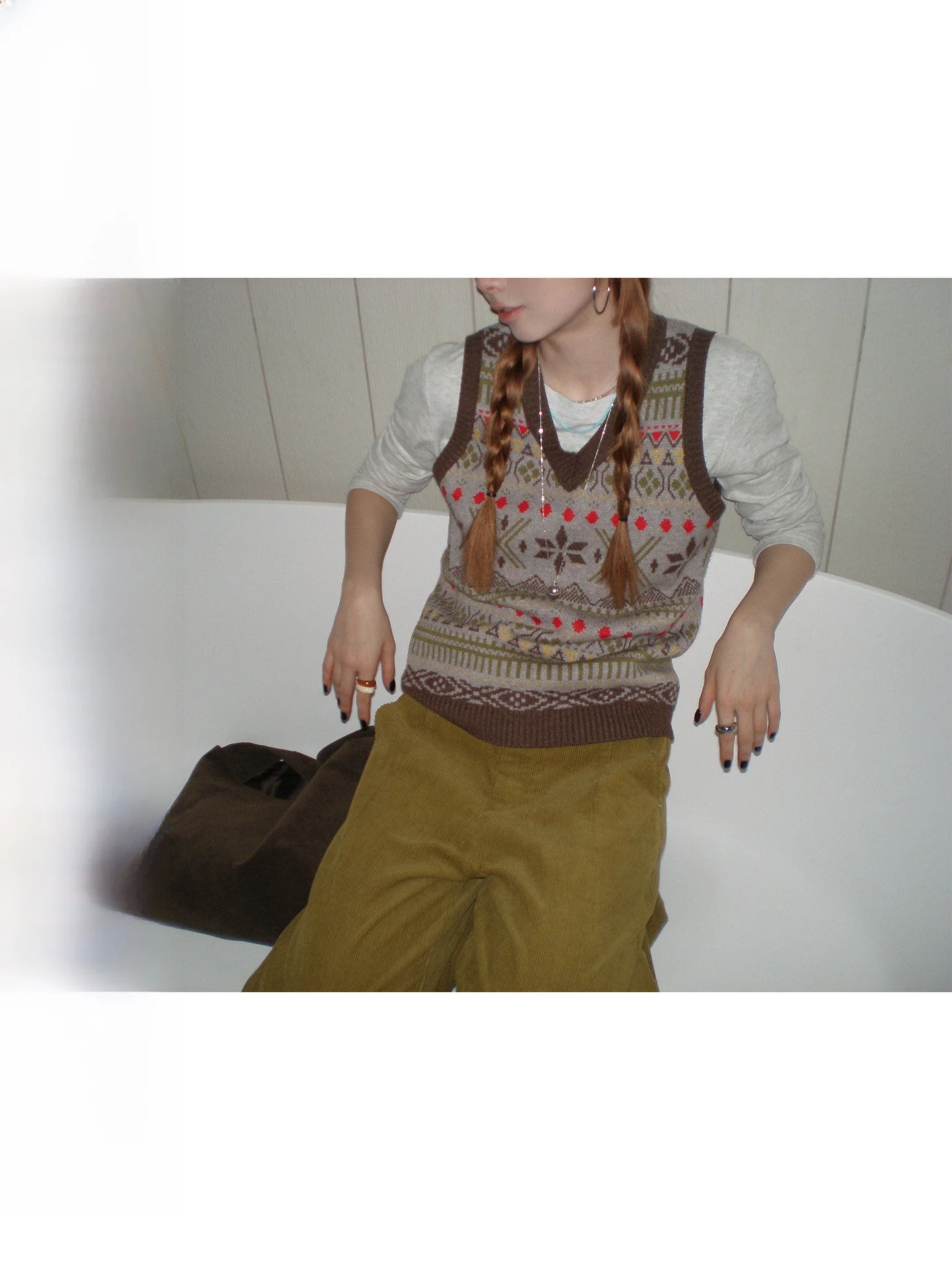 

COK Retro Spliced Color V-Ne Knitted Sweater Vest Women's Svel 2025 Autumn New Loose Fit Fair Isle Knitwear