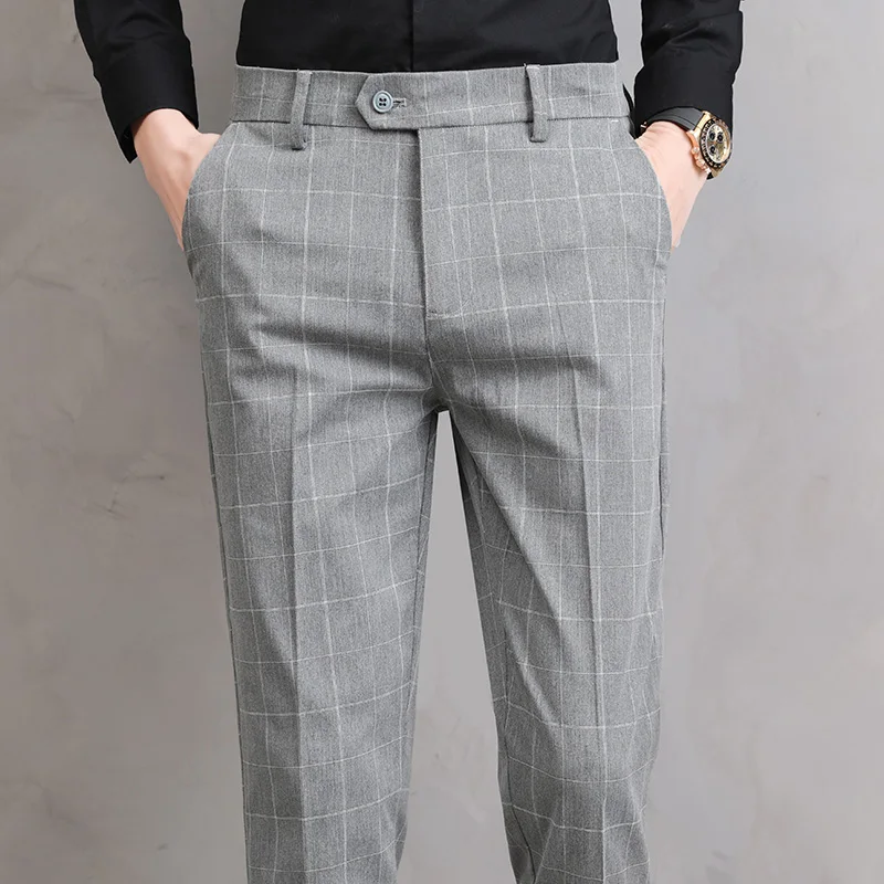 

Summer Suit Plaid Pants Mens Clothing Black Gray Office Formal Trousers for Male Thin Koreas Style Regular Fit