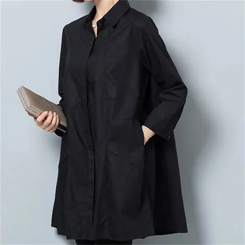 5XL Women's Stand Collar Windbreaker Long 2023 Autumn Spring Loose Long Shirt Green Long Sleeved Thin Jacket Temperament Trend