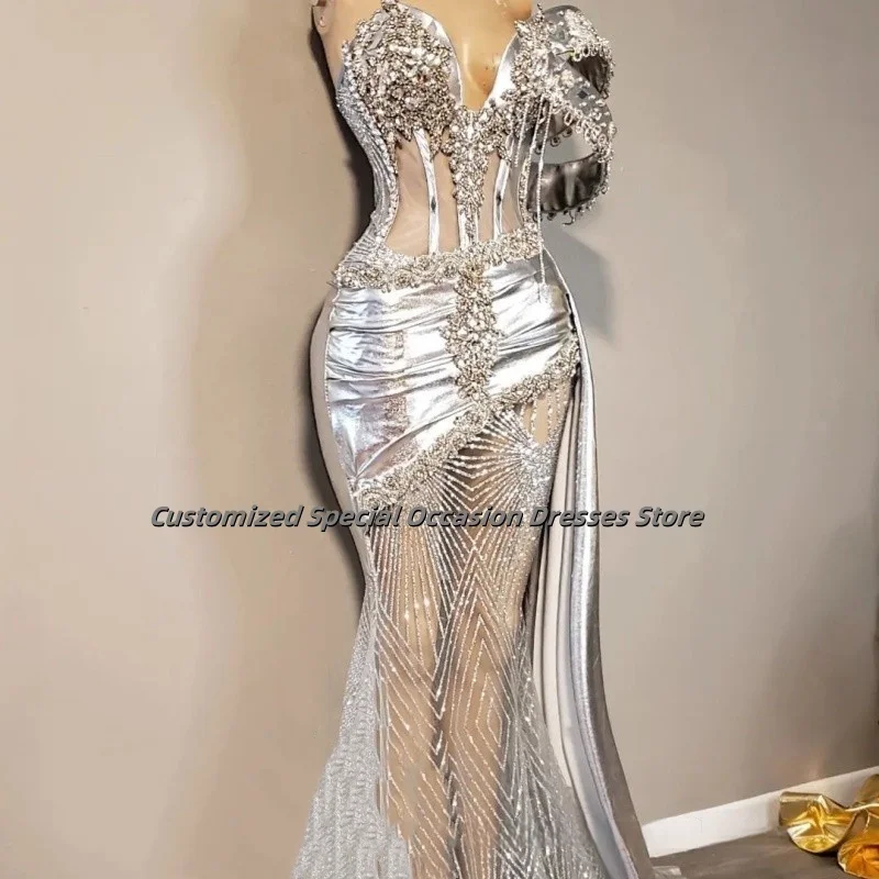 Silver Mermaid Prom Dresses Sexy One Shoulder Applique Party Gowns Luxurious Diamond Tassel Birthday Party Outfits Customized