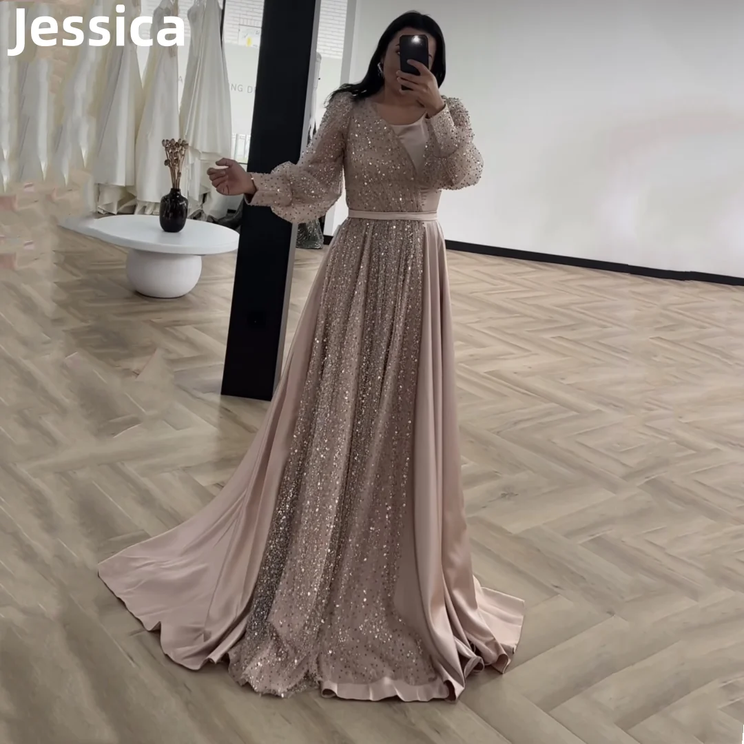 Jessica Sequined Satin Prom Dress Long Sleeve Luxury Evening Dress فساتين سهره فاخره A-shaped Elegant Lady Wedding Party Dress