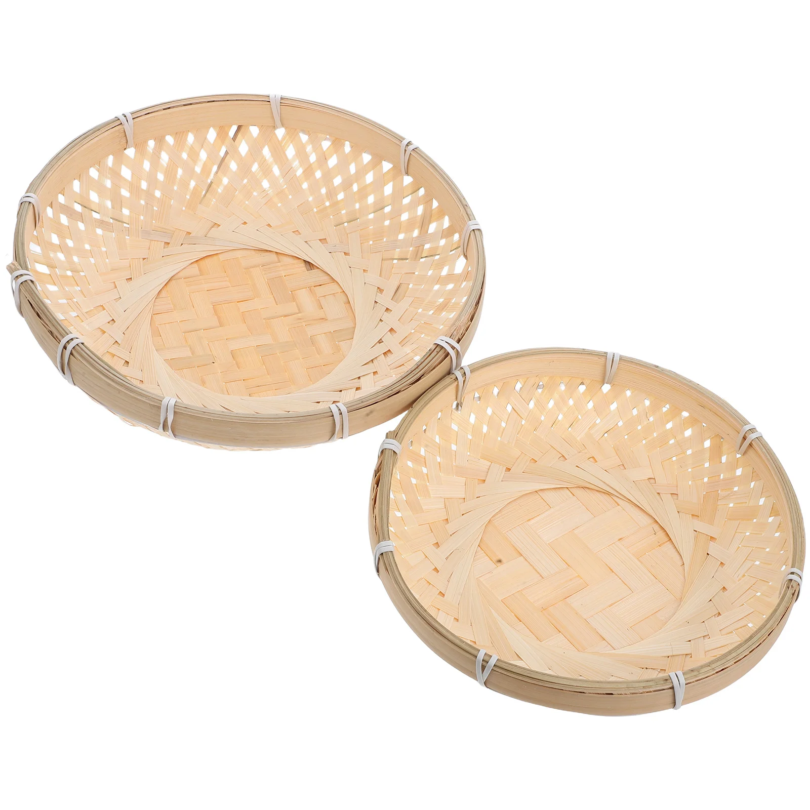 

2Pcs Bamboo Woven Basket Tray Handmade Flat Round Fruit Vegetable Storage Organizer Rustic Decorative Serving Display Tray
