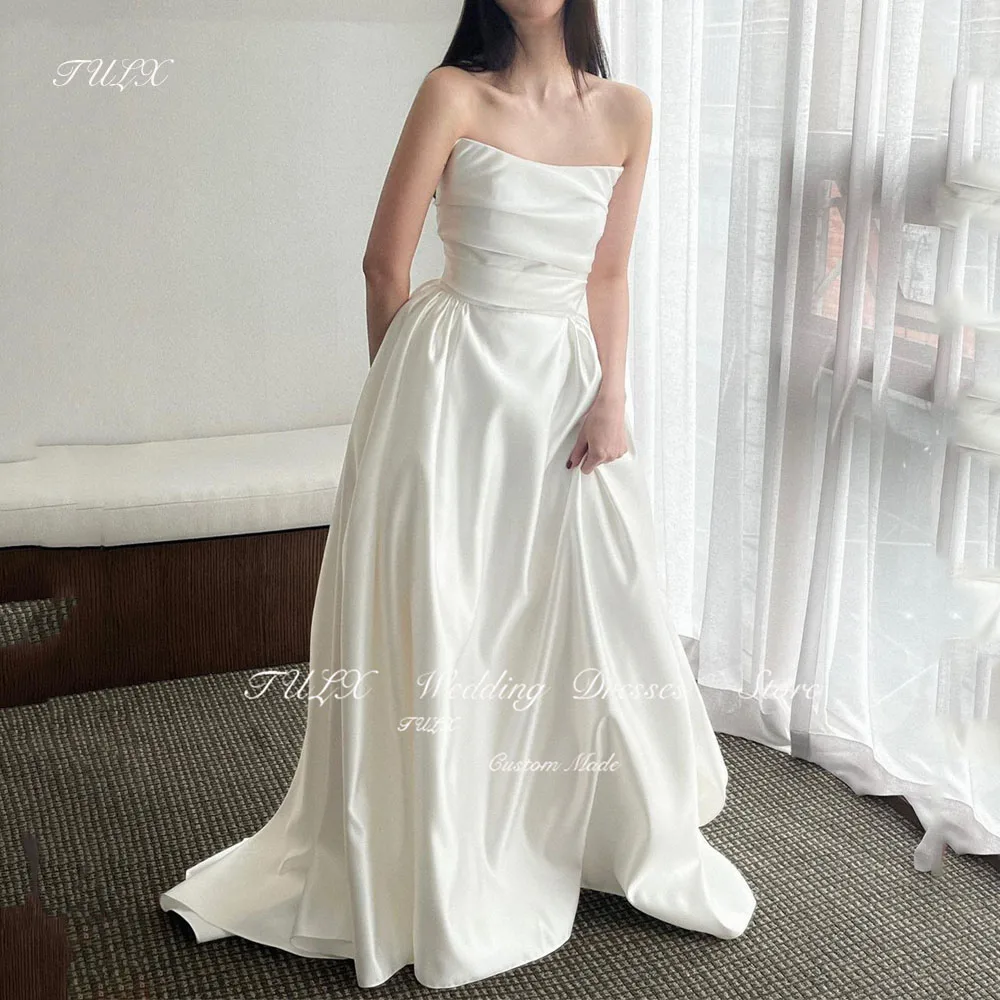 

TULX Simple Satin Strapless Pleat Korea Wedding Dreses Pleats Floor Length Corset Back Elegant Bridal Gowns Photoshoot Plus Size