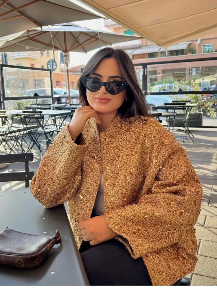 Elegant Sequin Gold O Neck Jacket For Women Fashion Loose Long Sleeve Coat 2023 Autumn Winter Street Female Chic Outwear