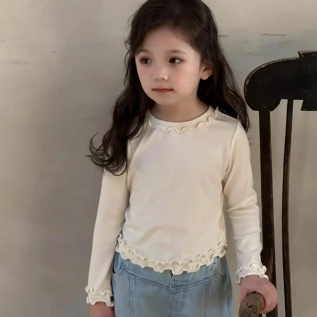 2026 Girls Lace Trim T Shirt Spring Autumn Sweet Korean Style Toddler Baby Top Fashion Kids Tee