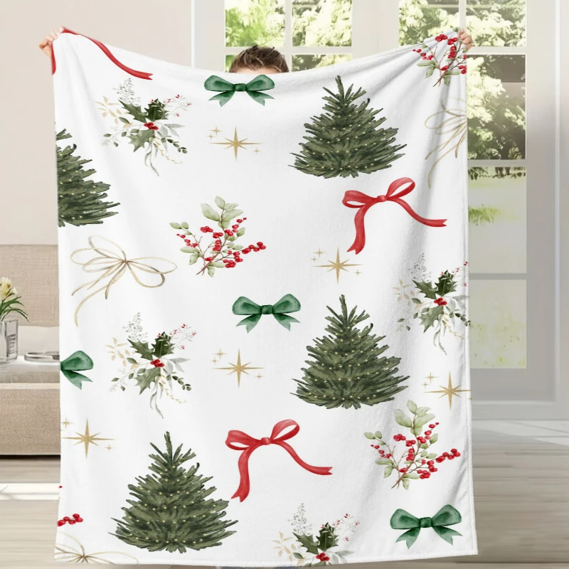 Christmas Tree Berry Bow Watercolor Fleece Blanket For Rustic Bedroom Decor Lightweight Plush Throw Blanket Accent