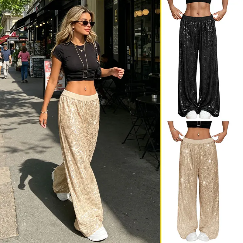 New Sequin Wide Leg Pants Women Elastic Waist Summer Thin Breathable Flattering Pants Fashion European American Casual Trousers