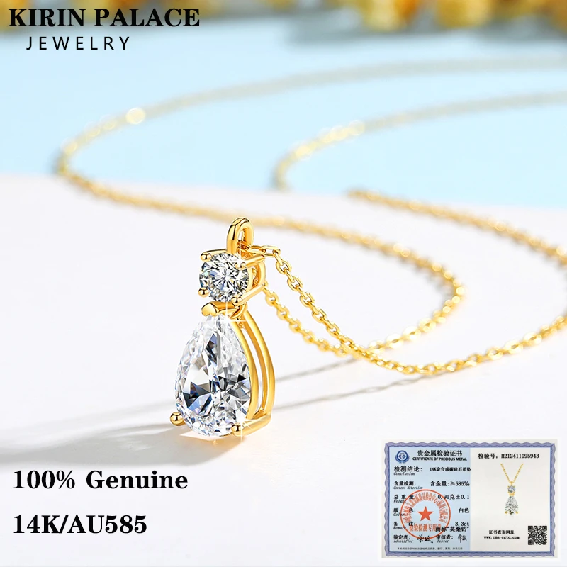 Moissanite Diamond Necklaces Pure 14K AU585 Pendant for Women 7*11MM 3CT Pear Cut Jewelry for Engagement With Certificate