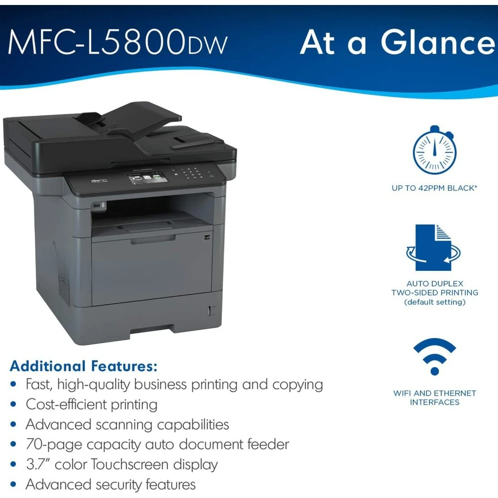 All-in-One Monochrome Laser Printer, Grey - Print Copy Scan Fax - 42 ppm, 1200 x 1200 dpi