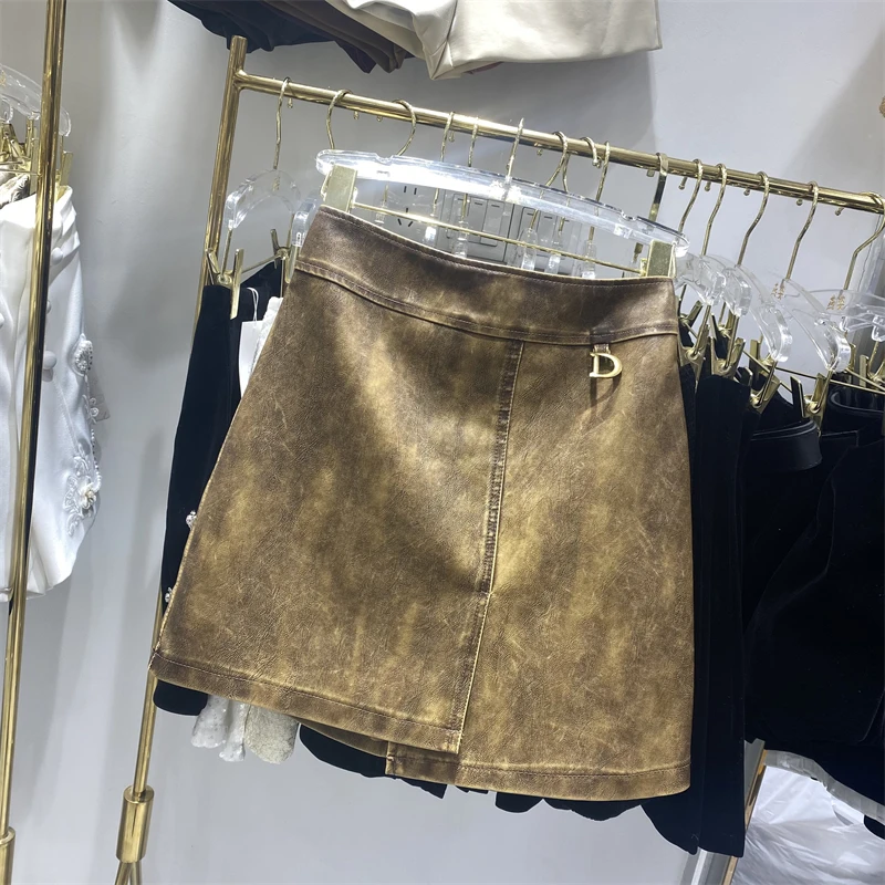 تنورة نصف جلد PU بمزاج متطور لخريف المرأة، تنورة قصيرة جديدة للفتيات الحارة بتصميم عتيق عالي الخصر على شكل حرف a #5