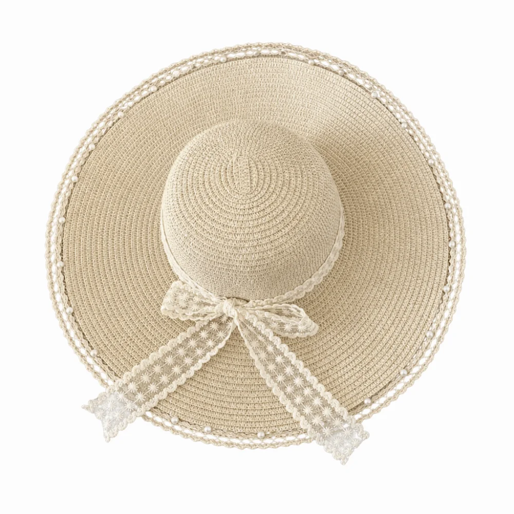 Fashion Big Brim Beach Hat Lightweight Lace Bow Sun Block Hat Multicolor Sun-proof Straw Hat Beach Use