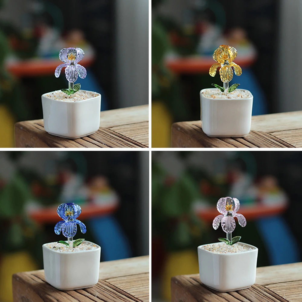 

4Pcs Art Glass Iris Flowers Plants Handcraft Miniature Simulation Flowers Figurines Collectible Tabletop Home Decor Ornaments