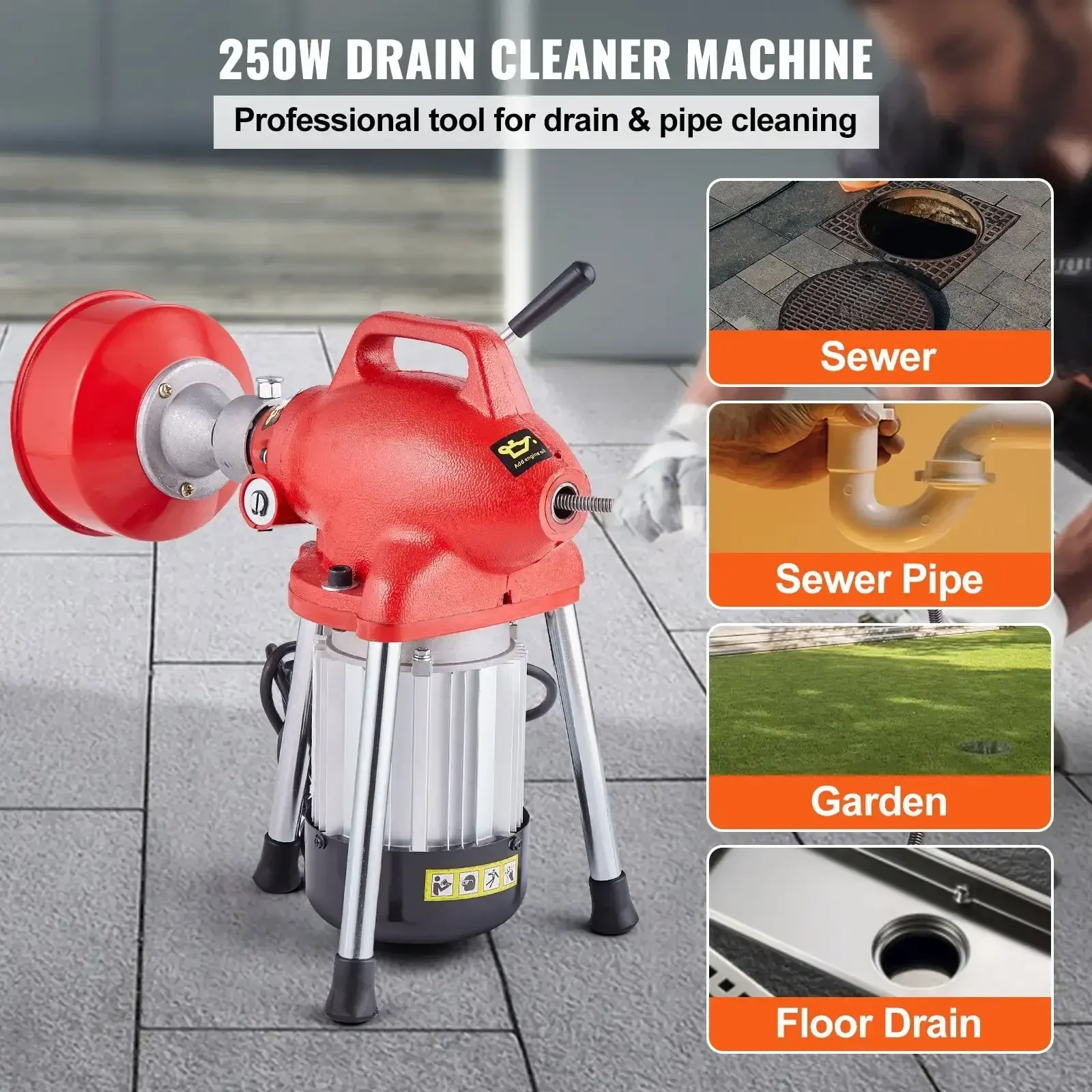 Drain Cleaner Machine 66FT x 5/8In 250W Sectional Snake Auger Manual Feed