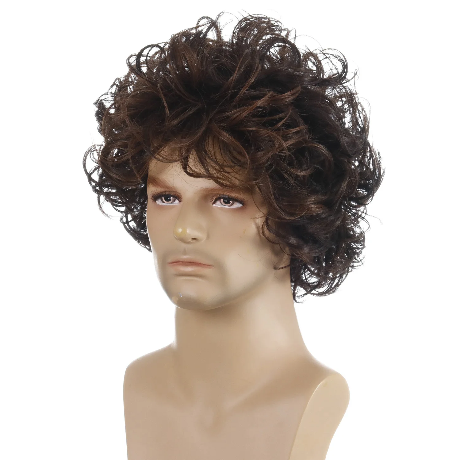 Handsome Men\'s Fashion Brown Curly Synthetic Wigs with Bangs Loose Wave Hair Cool Rock Cosplay Party Wigs for Man