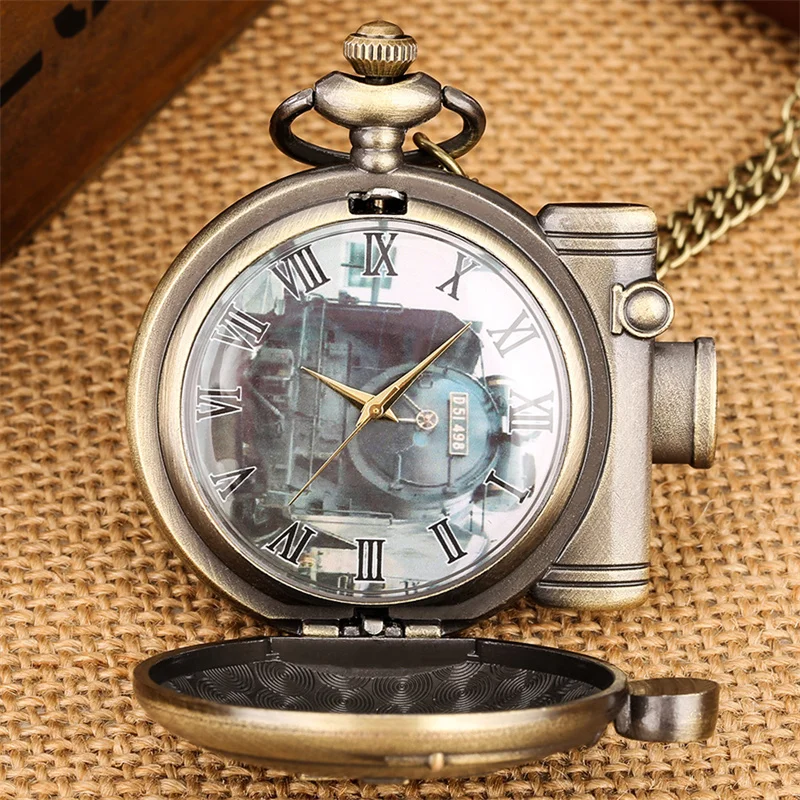 Vintage Steam Locomotive Pocket Watch Bronze Train Shaped Quartz Pocket Watch with Chain Roman Numeral Dial Collectible Gift