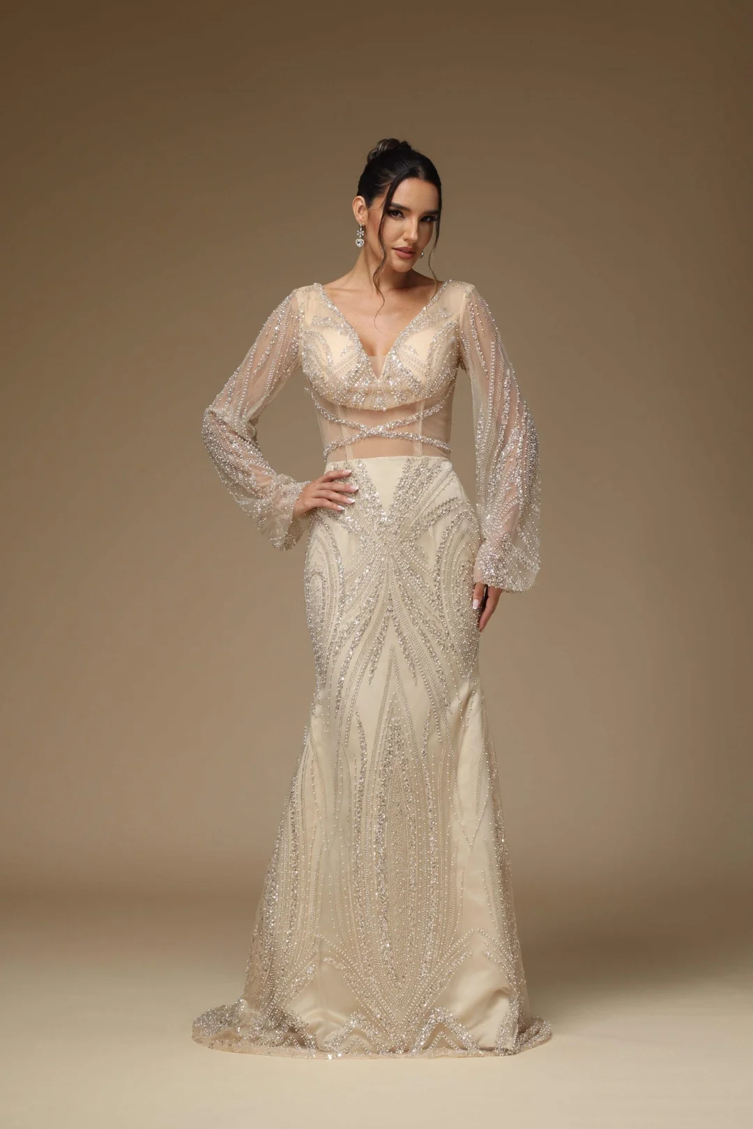 فساتين سهرة رائعة حورية البحر على شكل حرف v مطرز بالكريستال وأكمام طويلة فستان حفلات فستان الحفلات Fساتين Sherese مصنوع حسب الطلب