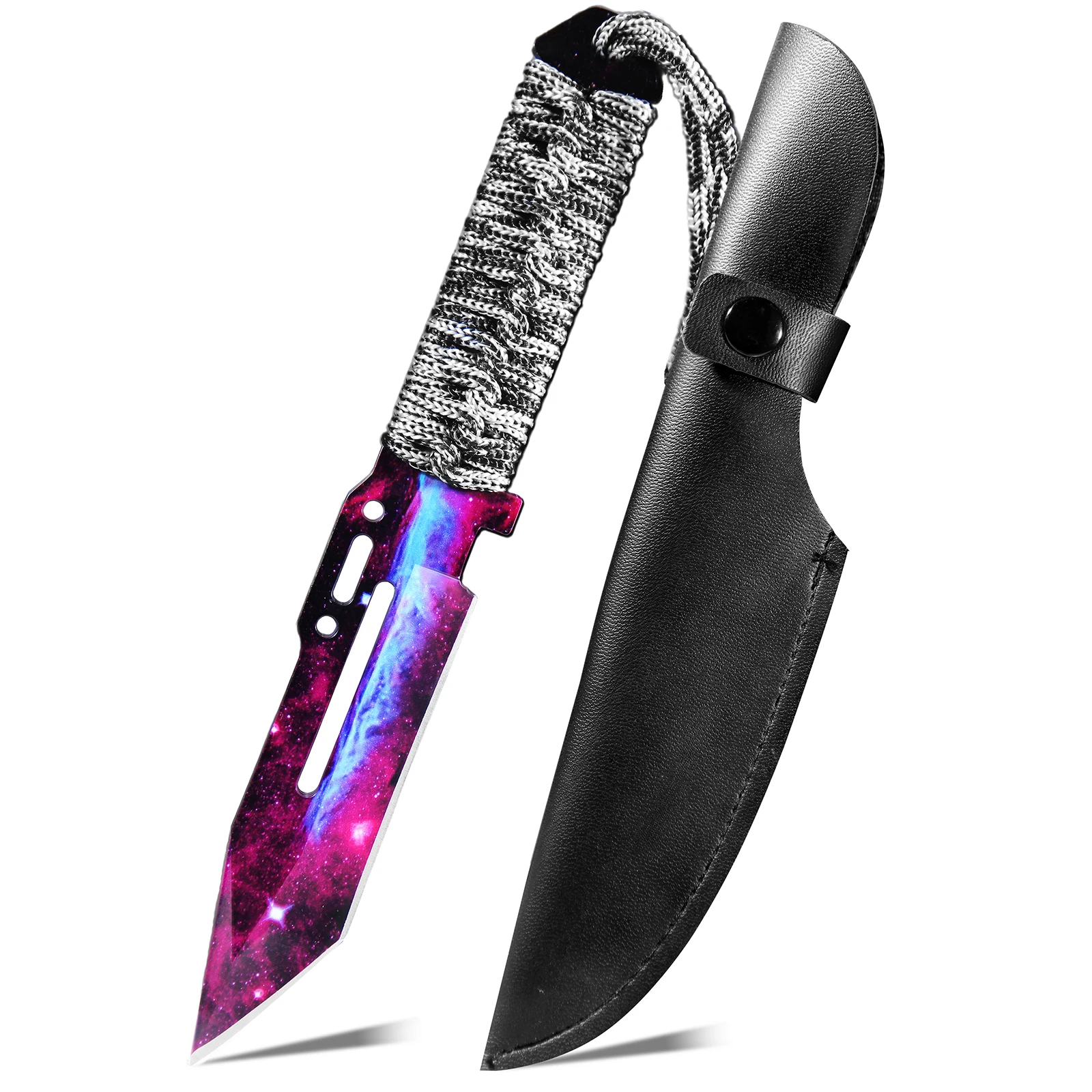 A Fixed-Blade Stainless Steel Knife with A Leather Sheath Featuring A Cord Texture Design. Boasting A Cool Appearance, It Is Ideal for Outdoor Camping and Barbecues, Making It A Perfect Gift for Friends.