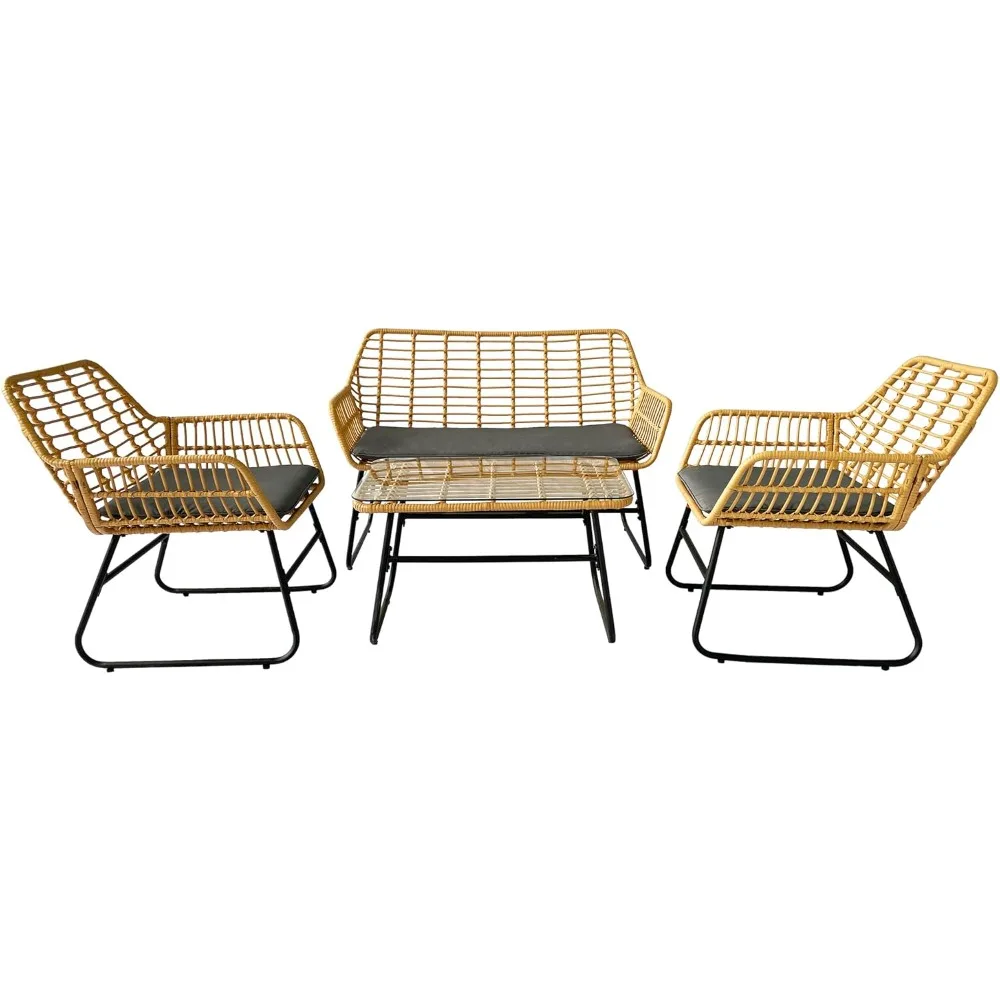 

4-Piece Rattan Patio Furniture Set,Indoor/Outdoor Wicker Conversation Set with Loveseat,Chairs and Table for Garden,Porch,Yard a