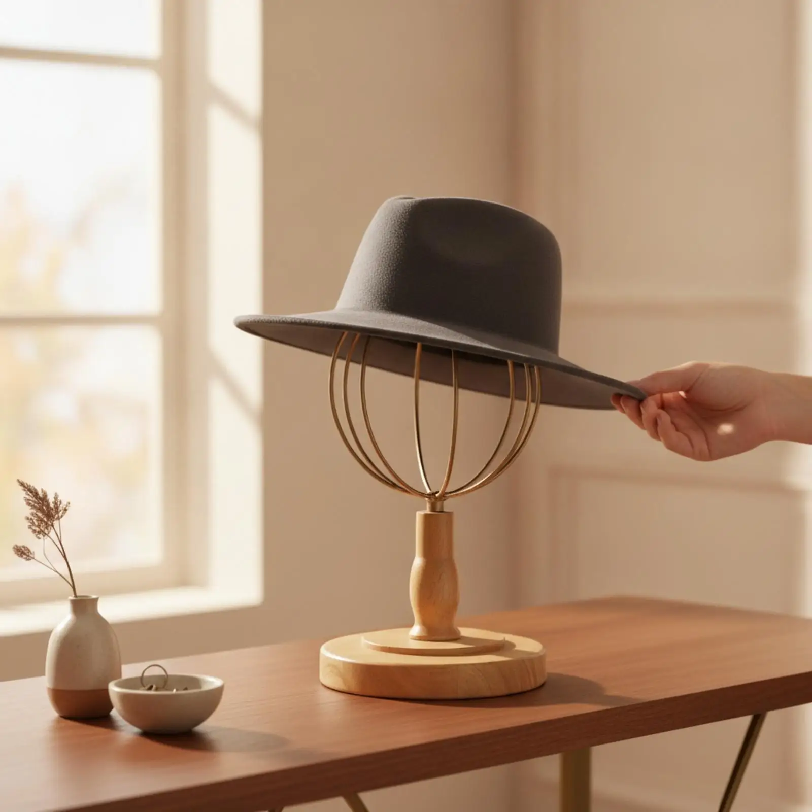 Hats Coat Rack Stand with Iron Gold Frame Wood Circular Base Hat Holder for Storage Display Organizer for Retail Shelves