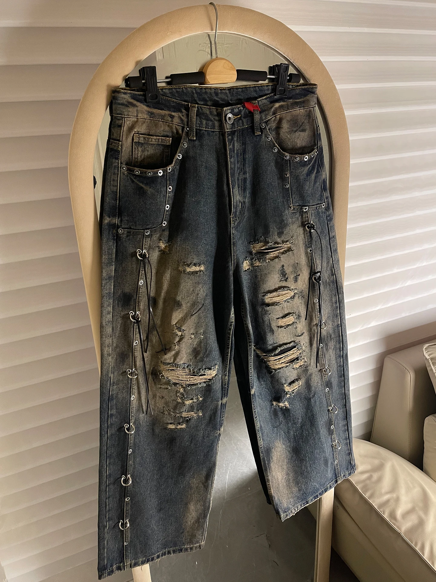 

Джинсы Parisian Sle American Street с заклепками и прорезями, свободные, прямые, широкие брюки для мужчин и женщин, модные, винтажные, вареные.