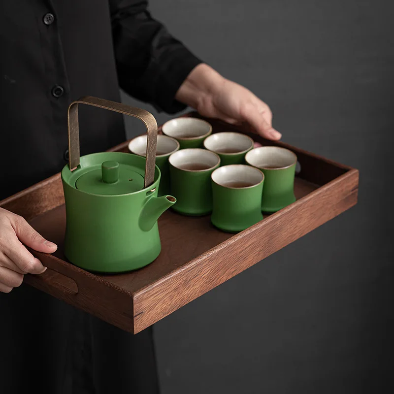 Ceramic Teapot Set Simple Household Light Luxury Small One Pot Six Cups Full Set Tea Cups Coarse Pottery Green Bamboo Landscape