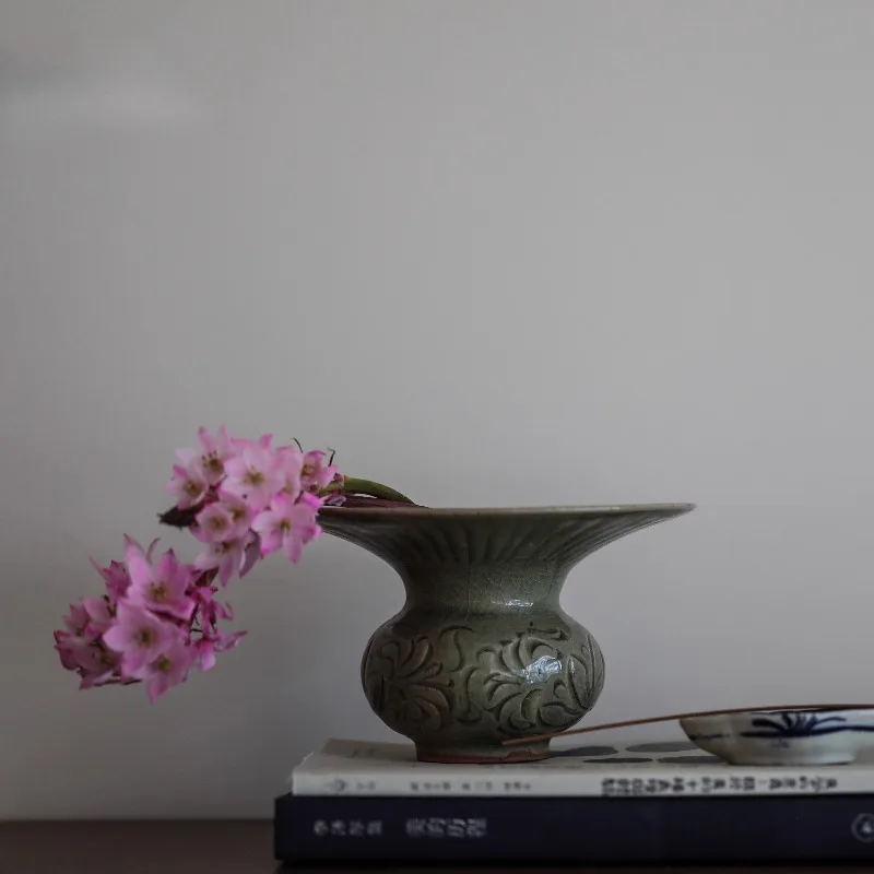 

Handcrafted Celadon Vase - Chinese Antique Ceramic with Carved Florals, Vintage Home Decor for Study & Living Room