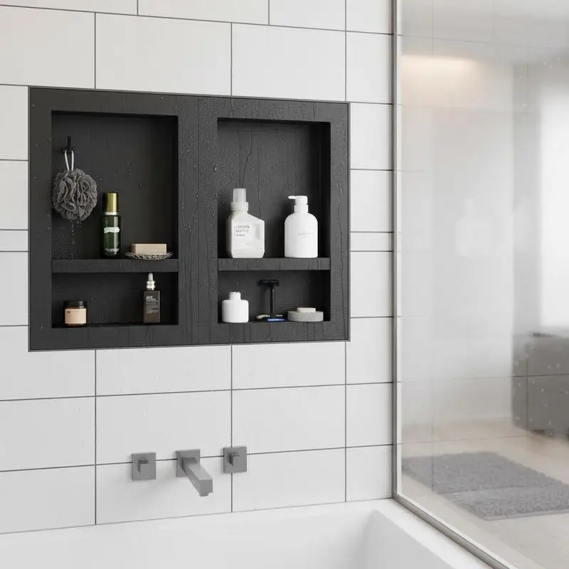 

Recessed Wall Storage 16x24 + 16x24 Inch For Bathroom Shower Restroom, Movable Shelf Modern Soap Shampoo Organizer Square Corners Sealed Black Insert Units