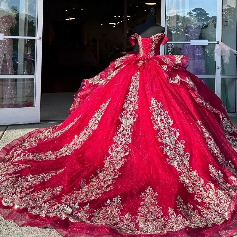 

Gorgeous Red Women Party Prom Dresses For Wedding Sweetheart Lace Applique Ball Gown Dancing Quinceanera Vestidos 15 De XV Años