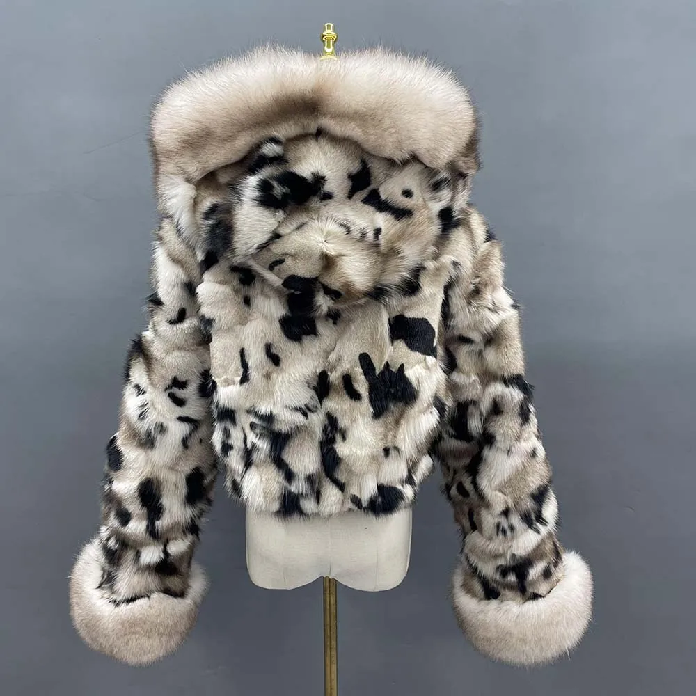 JANEFUR Fur Coat Women 2023 Fashion Crop Top with Hood Thick Warm Winter Real Fox Fur Jacket