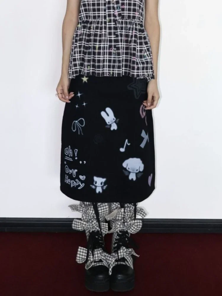 Y2k Aesthetics Sweet Skirts Cartoon Print Graffiti Harajuku Punk Slim Skirt Preppy Style All Match Japanese Cute Women Clothing